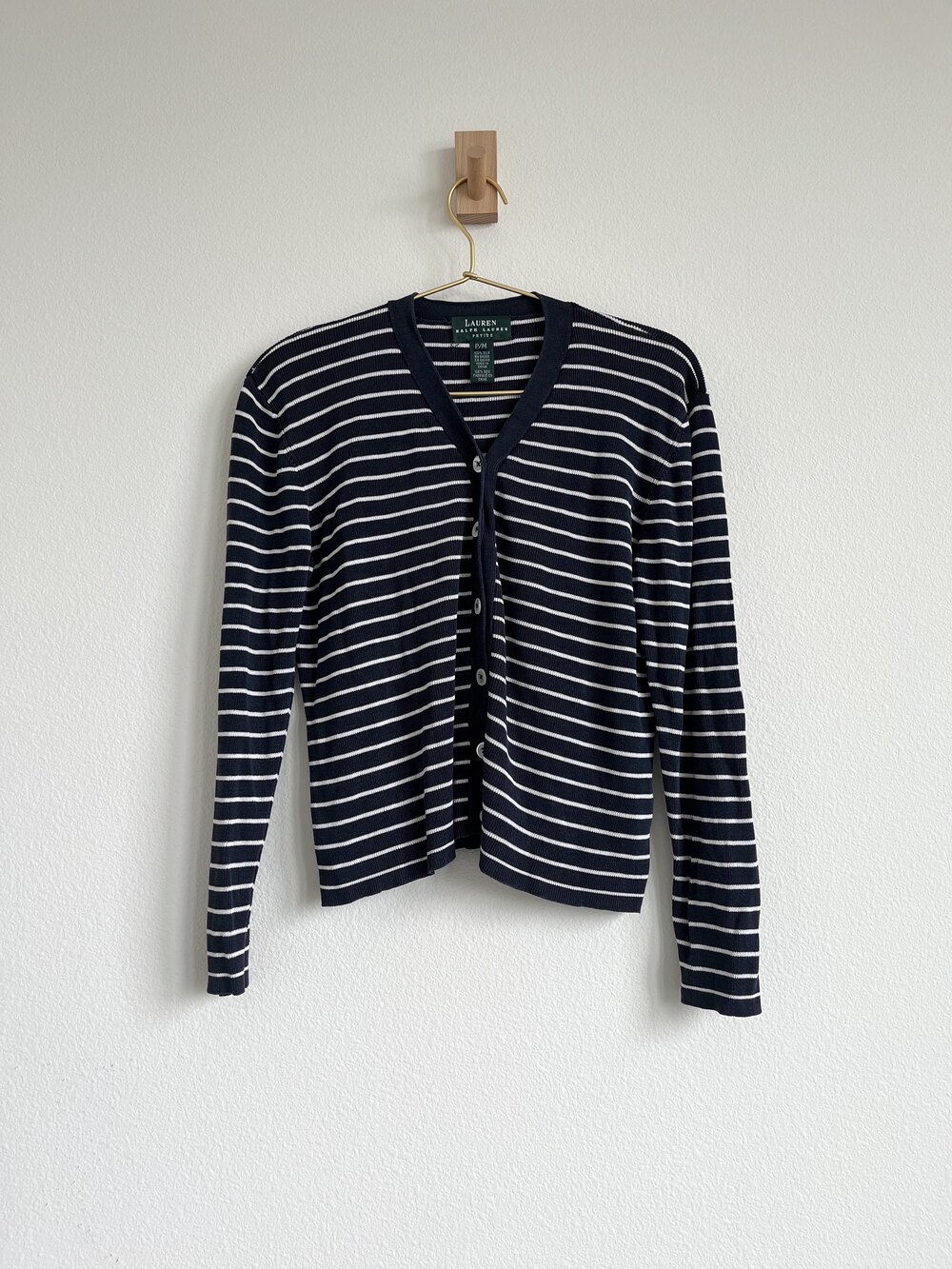 Lauren Ralph Lauren 100% Silk Striped Cardigan - Navy & White - Size Petite M